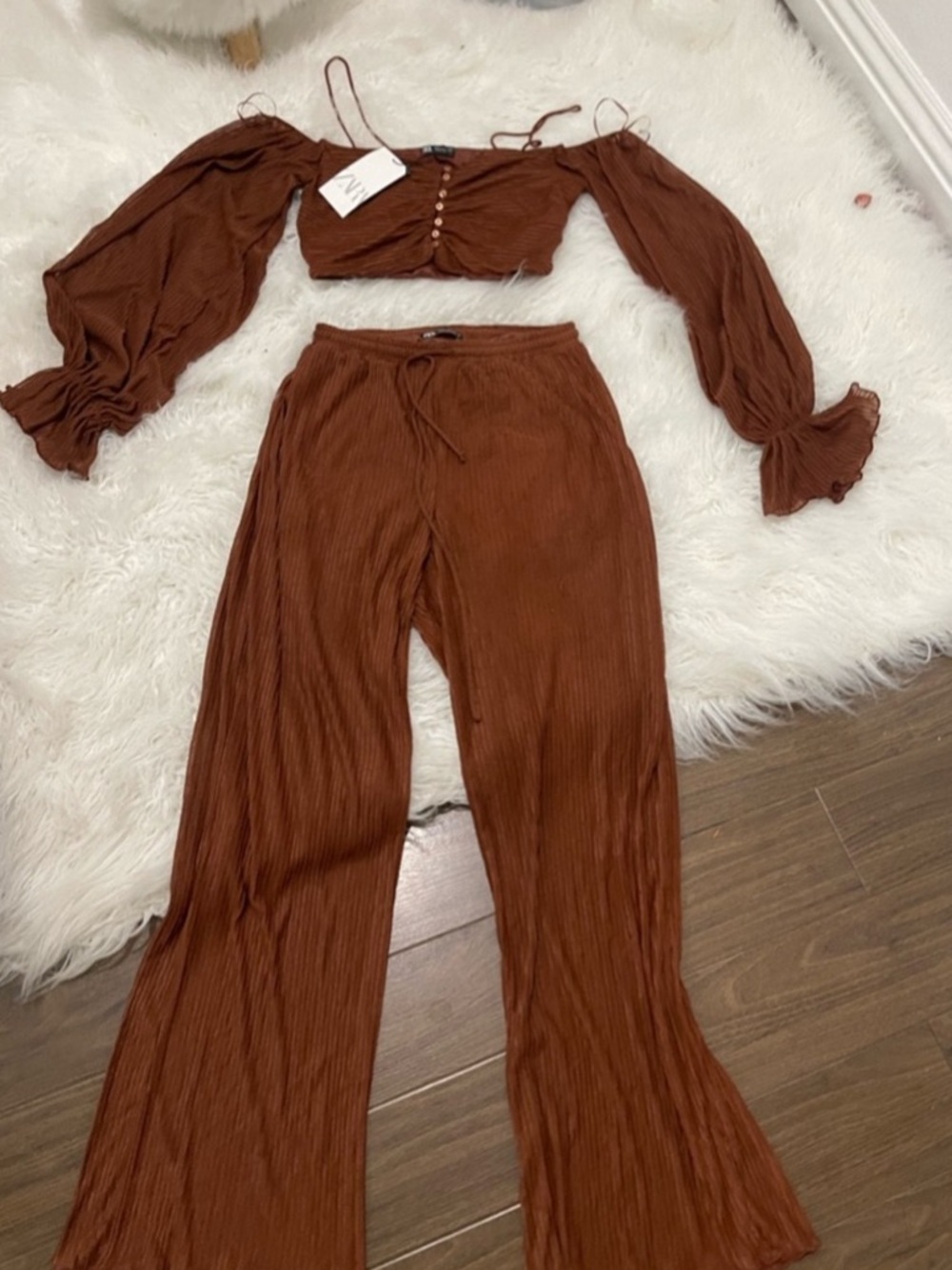 Zara Rust Brown Two-Piece Pleated Pantsuit